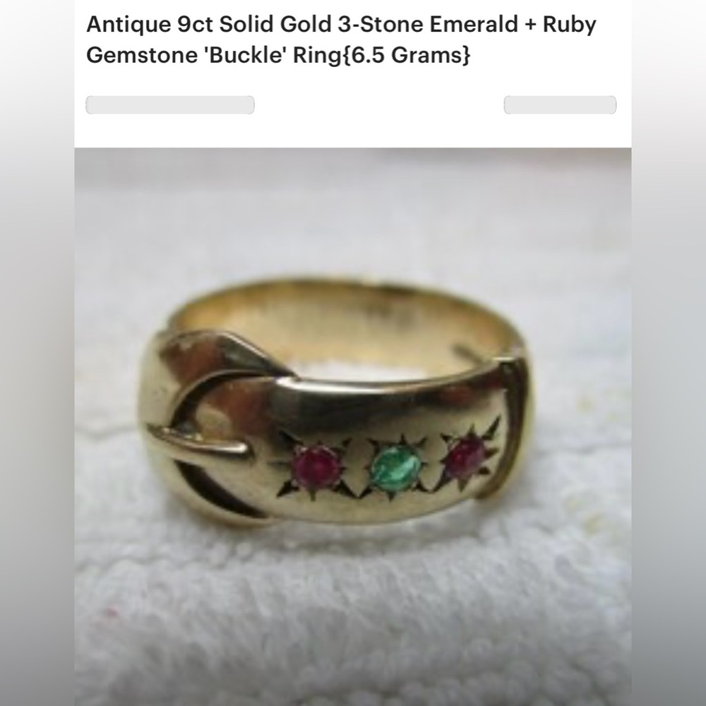 Antique 9ct Solid Gold 3 Stone Emerald & Ruby Buckle Ring (6.5 grams)
